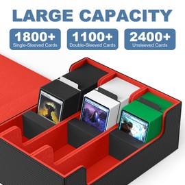 Mlikero Card Deck Case, 1800+ Trading Card Storage Box with 10 Dividers and 3 Foam Stoppers, Leather Magnetic Closure Commander Deck Box Fit for YuGiOh, MTG and Sport Cards(Black&Red)