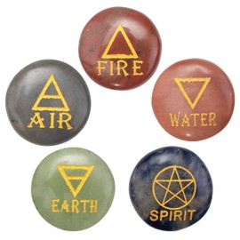 Crocon 5 Elements Assorted Stones Round Shape Engraving Triangle Symbols (Earth Air Fire Water Spirit) Polished Palm Stones for Gemstone Reiki Crystals Healing