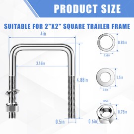 304 Stainless Steel Square U-Bolt Boat Trailer U-Bolts with Washers and Nuts, 1/2" D x 3-1/16" W x 4-5/16" L Heavy Duty U-Bolts for Sailboat Trailer, Automobiles Trailer Replacement Parts, 4 Sets