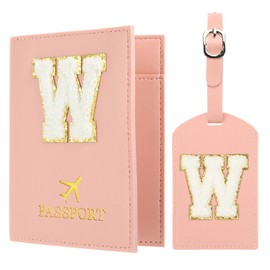PATIKIL Passport Holder for Travel, Initial Passport Cover and Luggage Tag Set with Alphabet Chenille Letter Patch Travel Wallet Bag Suitcase Identifier for Women Family Travel Pink W