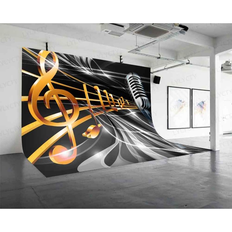 Microphone Music Note Photography Backdrop, Polyester, 9x6ft