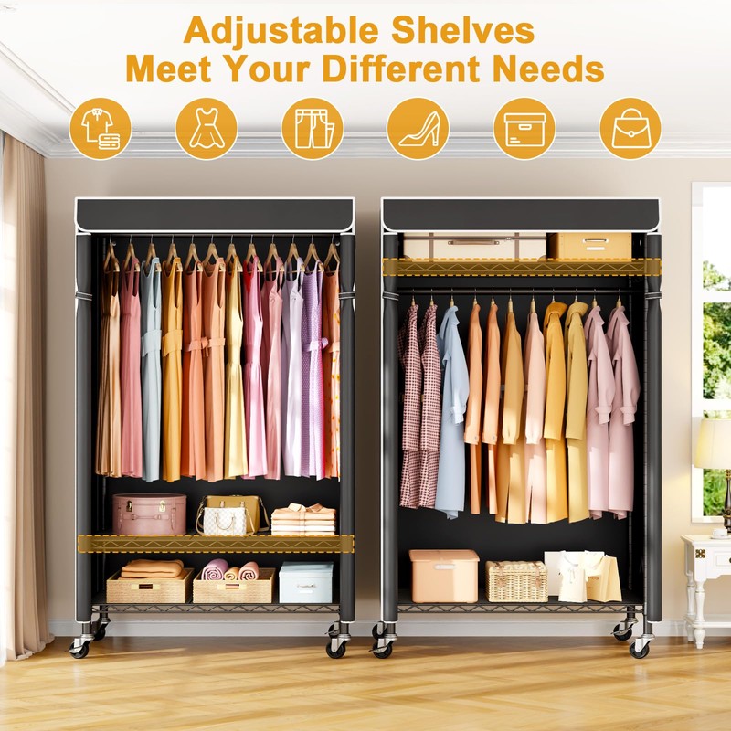 ULIFHOME P6C Rolling Clothes Rack with Cover, Covered Clothing Racks