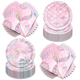 40Pcs Mermaid Birthday Party Plates and Napkins Supplies for 20 Guests - Mermaid Ocean under the Sea Theme for Girls Baby Shower Birthday Party Decorations