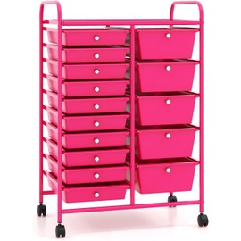 HOMGX 15-Drawer Storage Rolling Cart, Multipurpose Utility Storage Cart w/ 4 Lockable Wheels & Removable Drawers, Plastic Drawer Organizer for Office, Supermarket, Home, School (Hot Pink)