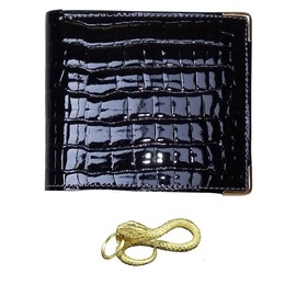 SakuraZen Croco Crocodile Leather Embossed Enamel Bifold Wallet Crocodile Cowhide Leather Wallet Made in Japan, Golden Snake Charm