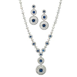 Treasure Bay Elegant CZ Crystal Jewellery Set for Women, Rhodium Plated Necklace and Earrings, Circle Drop Design – Bridal, Evening, Prom, Gift (Blue)