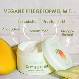 Jean & Len Exotic Body Butter Mango & Avocado, Intensively Nourishes Dry to Very Dry Skin, pH Skin Ideal, with Exotic Mango Fragrance, Body Butter, Parabens & Silicones, 200 ml