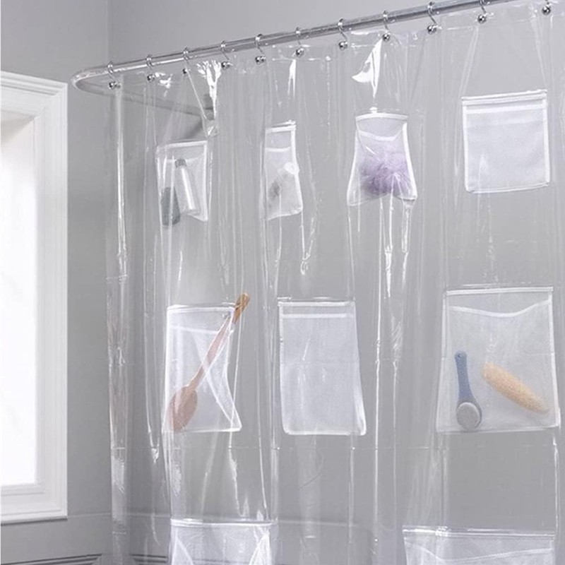 9 Mesh Pockets Shower Curtain or Liner with Waterproof Fabric,