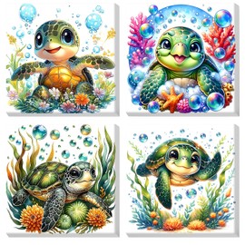 MOGTAA 4 Pack Turtle Paint by Number for Adults Beginners with Frame, Paint by Numbers for Kids, Acrylic Paint by Number on Canvas, DIY Oil Painting by Number Kits for Gift Decor 20x20cm