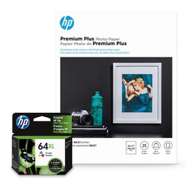HP 64XL Tri-Color Inks + HP Premium Plus Photo Paper, Glossy, 25 Sheets, 8.5x11
