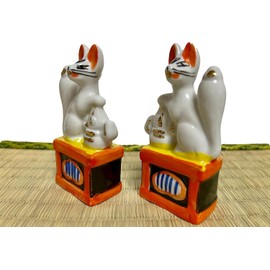 j-pure hitomi Made in Japan Inari Shinto Shrine Sacred Foxes Pair Miniature H3.54 Ceramic from Japan