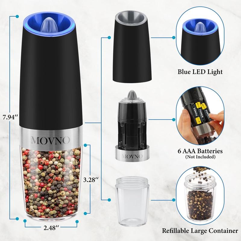 MOVNO 2Pcs Gravity Electric Salt and Pepper Grinder Set, Battery
