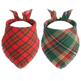 Gofshy Christmas Dog Bandanas 2PCS-XLarge, Red Green Plaid Scarf with Tassels Edges, Reversible Triangle Bibs Accessories for Boys Girls, Holiday Bandana for Large and Extra Large Dogs