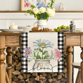 Artoid Mode Buffalo Plaid Daisy Vase Spring Table Runner,Seasonal Summer Floral Kitchen Dining Table Decoration for Home Party Decor 13x36 Inch