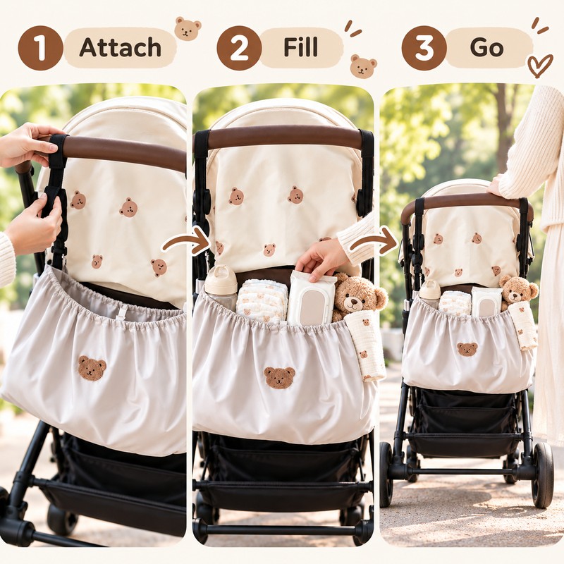 Stroller Hanging Storage Bag, Lightweight Reusable Organizer for Baby Essentials,