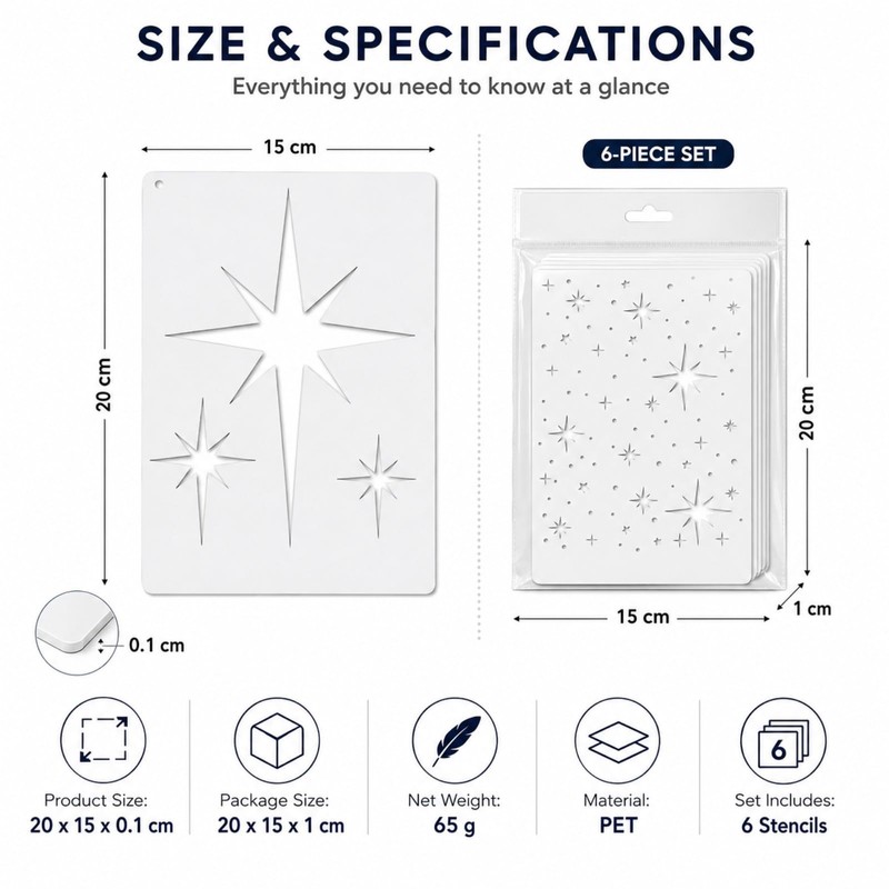 QIHAWN 6Pcs PET Star Stencils, 20x15cm Reusable Painting Templates