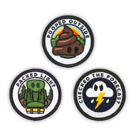 Winks For Days Adulting Merit Badge Embroidered Iron-On Patches (Outdoors - Set 4) - Includes Three (3) 2” Patches: Packed Light, Pooped Outside, and Checked The Forecast
