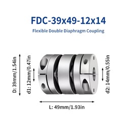 12mm to 14mm Flexible Diaphragm Coupling, D39 L49 Aluminium 2 Diaphragm Motor Shaft Coupler for 3D Printer CNC Machine Servo Stepped Motor