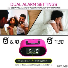 Riptunes Loud Alarm Clock with Bed Shaker for Heavy Sleepers & Hearing Impaired - Dual Alarm for Bedroom Weekday and Weekend Settings USB Charging, Dimmer, Snooze