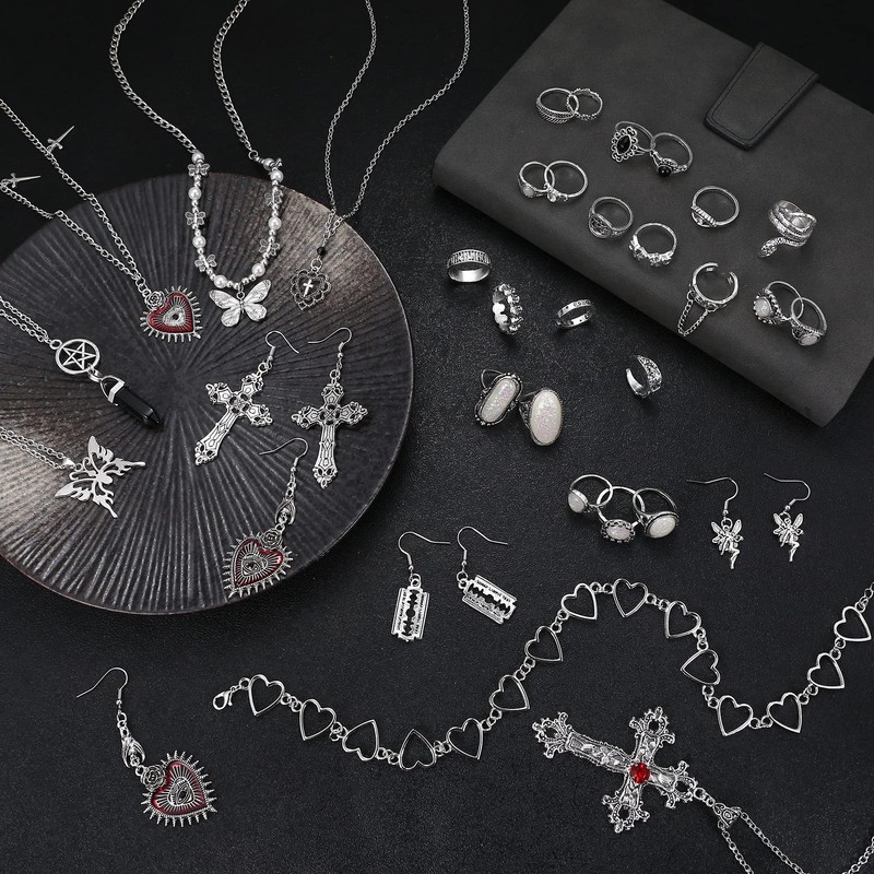 Subiceto 33Pcs Grunge Vintage Punk Necklace Jewelry Set Gothic Earrings