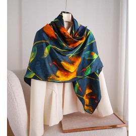 MEISEE - Bufanda de seda 100% para mujer, 43 x 43 pulgadas, grande, cuadrada, ligera, para el cuello, envolturas para el cabello, con paquete de regalo, Azul oscuro+amarillo+verde, 43"