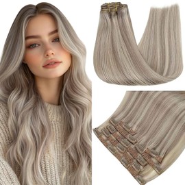 RUNATURE Clip in Hair Extensions Real Human Hair Blonde Highlight Grey Blonde Clip in Human Hair Extensions 10 Inch 80 Gram