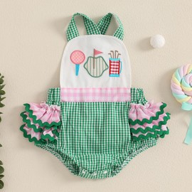 Newborn Baby Girl Summer Outfits Golf Bubble Romper Dress Ruffle Plaid Sleeveless Bodysuit Jumpsuit Infant Clothes (Green, 0-3 Months)