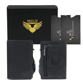 BRELIE Genuine 100% Top Grain Leather Wallet- Pop Up Card Holder- Up to 12 Cards- RFID Blocking- Minimalist Design- Location Tag Holder- Zip Pocket- Coin Pouch- Black