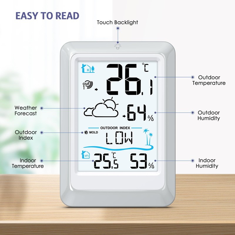 OQIMAX Indoor Outdoor Thermometer Digital Weather Station Temperature Hygrometer Indoor