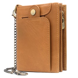 REETEE Men's RFID Protection Small Wallet Genuine Leather Wallet with Chain Men's Wallet with Zip Coin Compartment and 14 Card Slots Men's Wallet, brown, Vintage