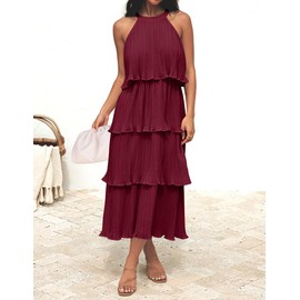 ZESICA Women's 2025 Summer Sleeveless Halter Neck Ruffle Tiered Layed Chiffon Flowy Swing Long Midi Dress,Wine,X-Large