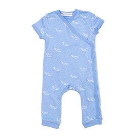 Organic Cotton Summer Short Sleeve Crossover Sleepsuit - Tiny Whales in Hydrangea Blue, 0-3 MTHS