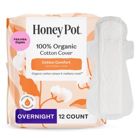 The Honey Pot Company - Sanitary Pads for Women - Non-Herbal Overnight w/Wings - Organic Cotton Cover, & Ultra-Absorbent Pulp Core - Feminine Care - 12 ct