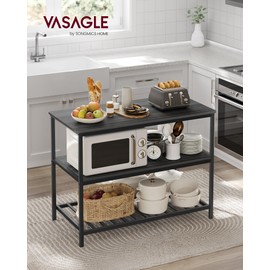 VASAGLE Kitchen Island with 3 Shelves, 47.2 Inches Width Kitchen Shelf with Large Worktop, Stable Steel Structure, Industrial, Easy to Assemble, Ebonised Oak and Black UKKI001B42