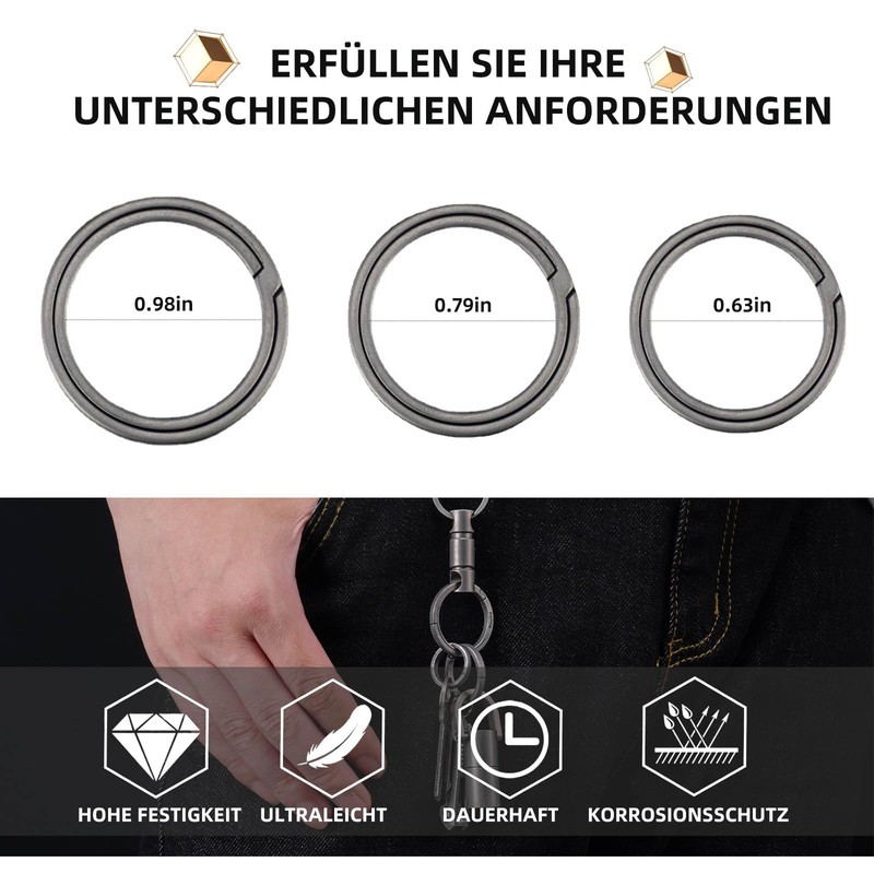 EULAPGOE Pack of 3 Titanium Key Rings, 25/20/16 mm Titanium