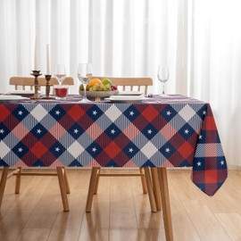 4th of July Tablecloth Rectangle Patriotic Memorial Day Red Blue Buffalo Plaid Stars Table Cloth - 60 x 84 Oblong Polyester Independence Day Table Cover Washable Waterproof for Party Picnic Dinner