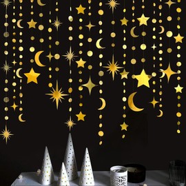 SSuirk Gold Star Moon Circle Dot Garland Kit - Hanging Streamer Decoration for Kids' Birthday, Ramadan, Baby Shower, Wedding, EID Mubarak - Includes Crescent & Twinkle Little Star Banners