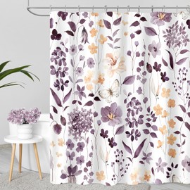 MAYZUS MAYZUS Extra Long Shower Curtain 72 x 84 Inch, Tall Plum Floral Shower Curtains for Bathroom, Watercolor Flower Butterfly Fabric Shower Curtain Set with Hooks