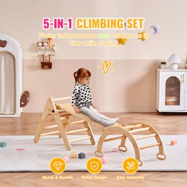 Happybuy 5-in-1 Toddler Climbing Set, Montessori Pikler Triangle, Ramp & Arch, Medium Wooden Playground for 1-3 Years, Indoor Climbing Gym, Wood Color
