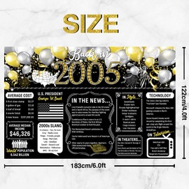 20th Birthday Black Gold Party Decoration Back in 2005 Backdrop Large Banner Birthday Party Poster Supplies Vintage 2005 Photography Background for Men & Women 20th Class Reunion Decor