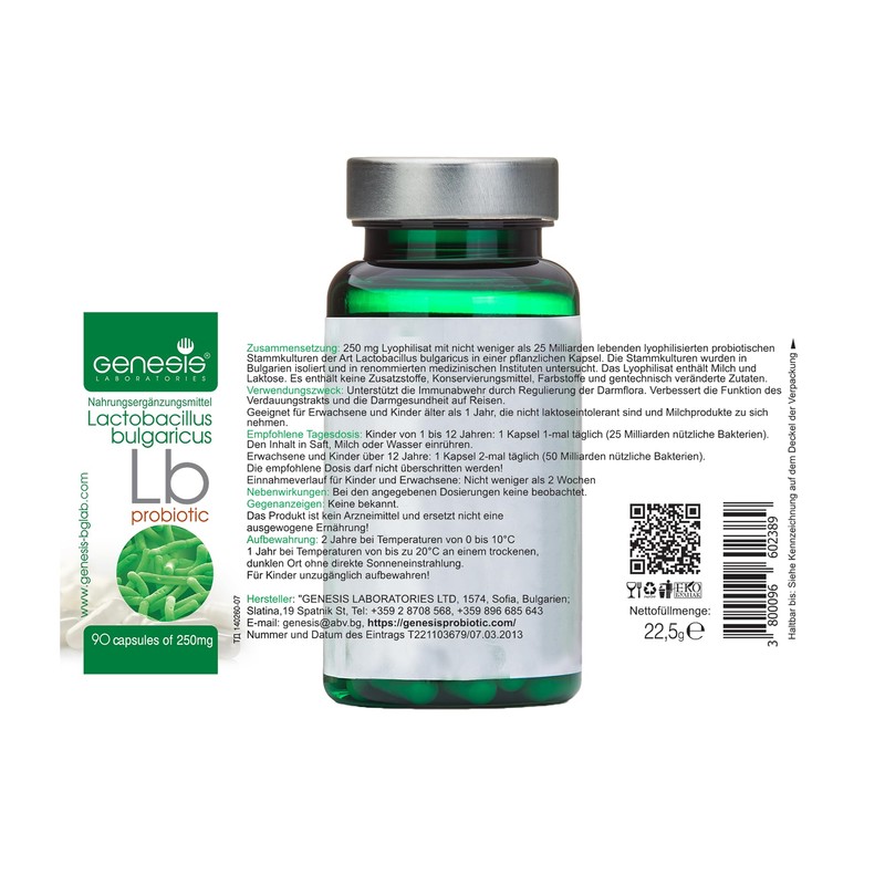 Genesis LB Bacteria Culture Lactobacillus Bulgaricus 90 Capsules 250 mg