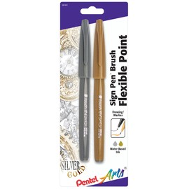 Pentel Arts Sign Pen Touch, Fude Brush Tip, Gold/Silver, Pack of 2 (SES15CBPXZ)