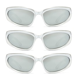 Long Keeper 3 Pairs of Futuristic Vintage Sunglasses for Men Women Y2k Retro Sunglasses Wrap Around UV400 Cycling Glasses Cycling Glasses Sports Glasses, Silver/Silver X3