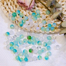 Niziky 100PCS Glass Beads for Jewelry Making, Mix 8MM Green Crackle Lampwork Glass Beads Aurora Crystal Beads Matte Gemstones Spacer Beads Kits for Crafts, Crystal Loose Beads for Bracelet Making