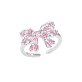 Pink Crystal Bow Ring for Women Ladies Elegant Bowknot Engagement Statement Classic Love Knot Promise Rings Cubic Zirconia CZ Wedding Band Open Adjustable Stacking Rings Eternity Jewelry for Her