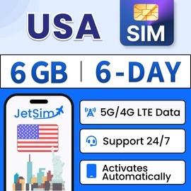 JetSim International Sim Card for USA 6 Days Unlimited Data with 6GB High-Speed Mobile Internet Data Travel Sim Card