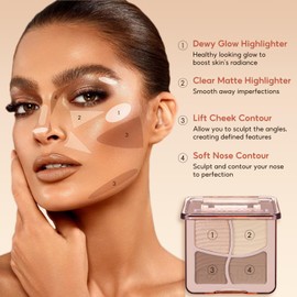 FelinWel Highlight Contour Makeup Palette Effortless Blending Matte Shimmer Highlighter Palette and Bronzer Powder for Warm Toned Skin with Brush