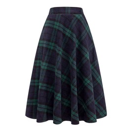 Ylingjun Long Plaid Wool Skirt for Womens Winter Fall Warm High Elastic Waist A line Flared Pleated Wool Tartan Skirts, Green, Large