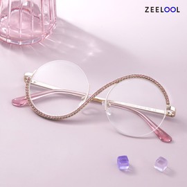 Zeelool Round Blue Light Glasses for Woman Chic Semi-rimless Diamond Eyeglasses Elphaba Cosplay Pink Half Frame Computer Eyewear Glasses Anti Eyestrain JGM256492-03B