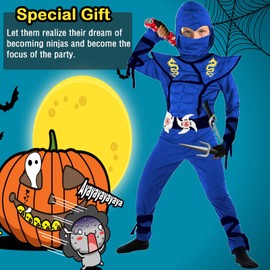 SATKULL Blue Ninja Costume for Kids Ninja Deluxe Costumes Set with Ninjas Accessories for Boy Dress Up(Kids-M-6/7T Blue)